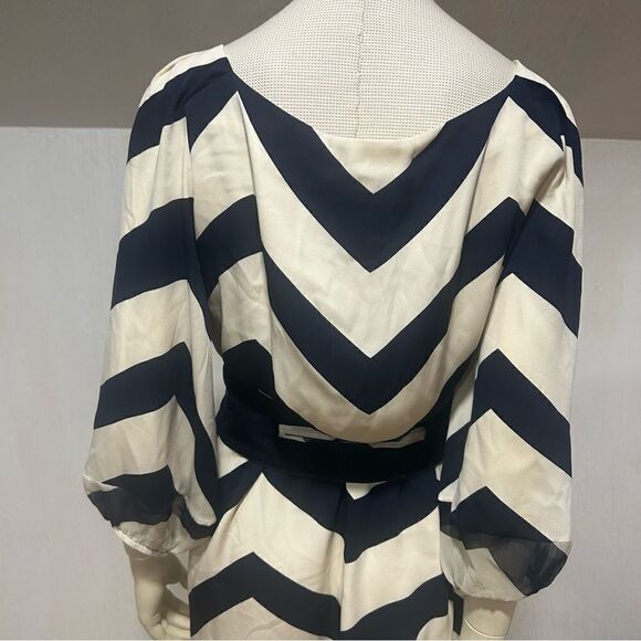 DVF Brygid Silk Navy and Crème Belted Chevron Dress - Picture 12 of 12